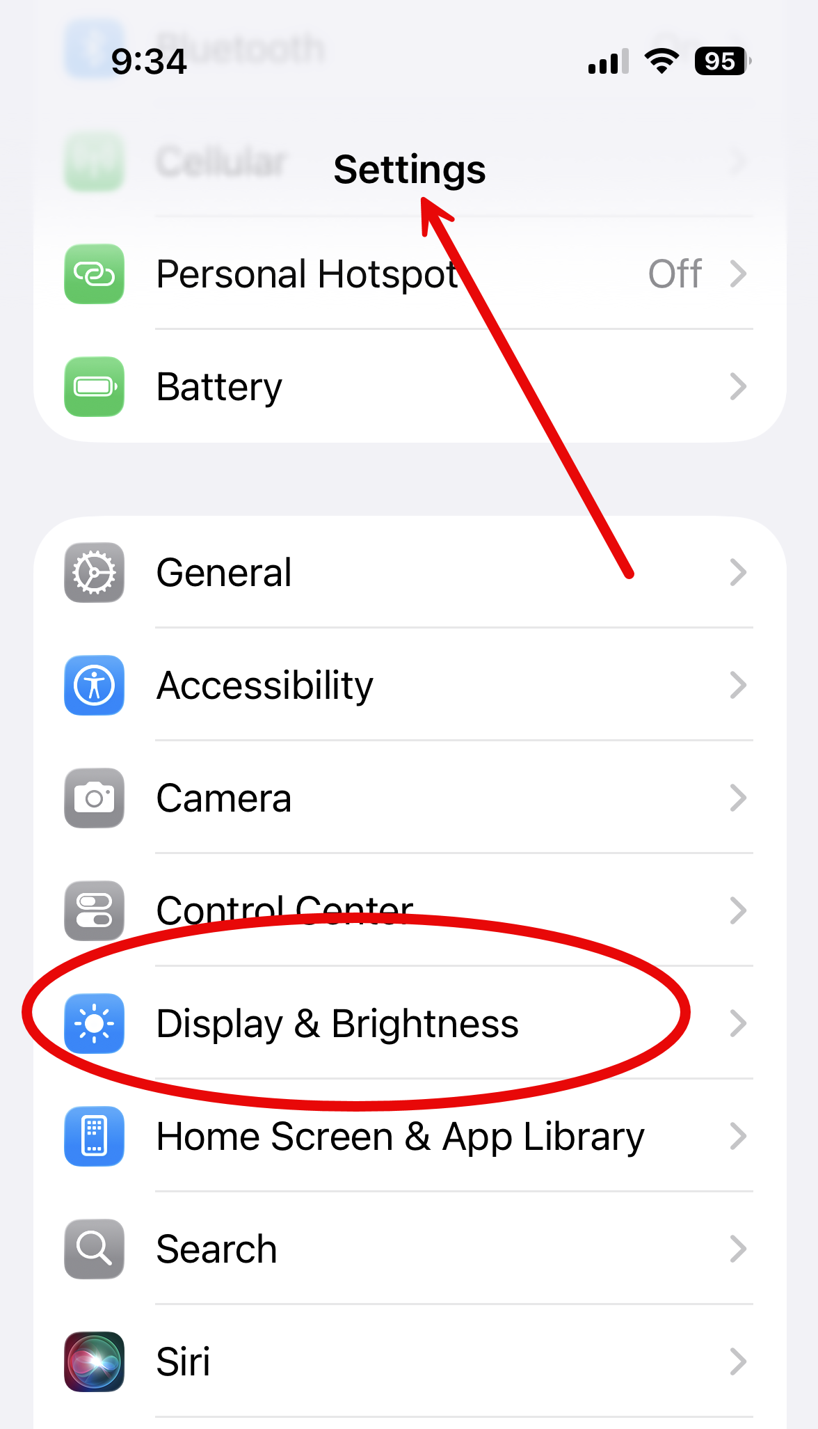 iPhone Settings screen with Display and Brightness highlighted
