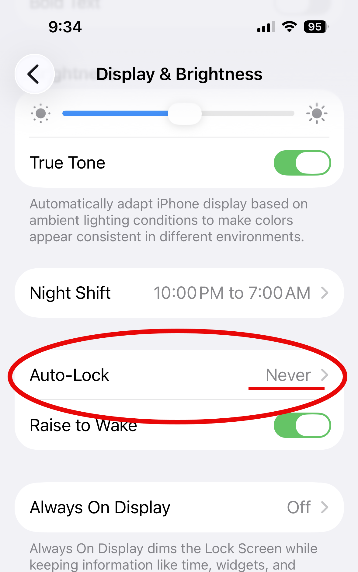 iPhone Auto-Lock set to Never