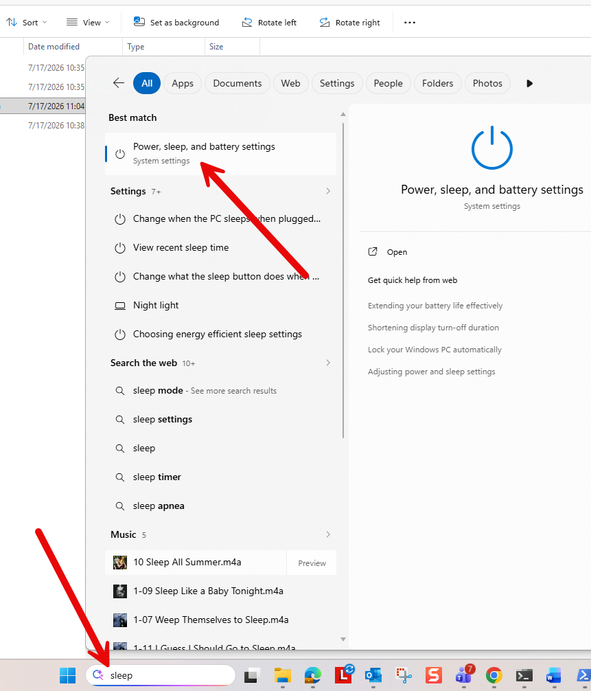 Windows search for sleep settings